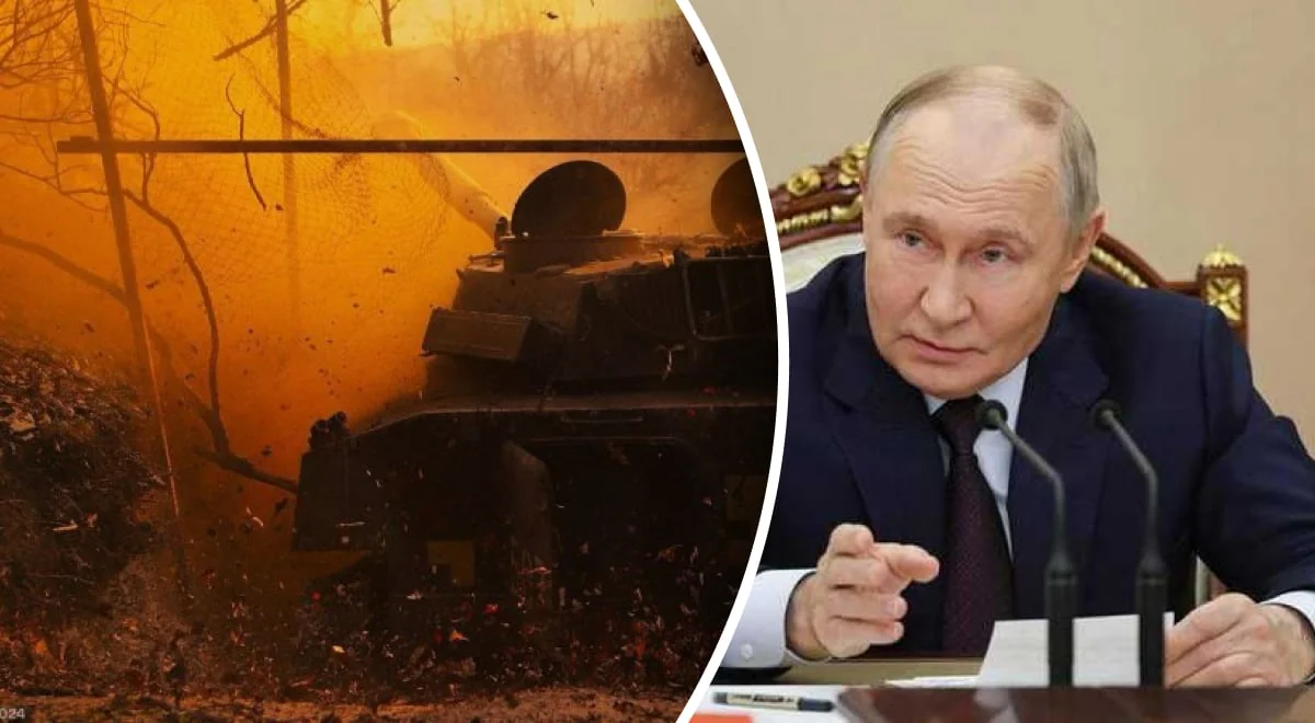 Зруйнований російський танк і Володимир Путін, якому брешуть про фронтові успіхи