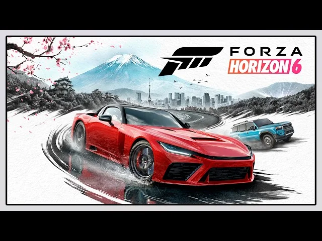Forza Horizon 6: красный спорткар дрифтит среди сакуры возле Фудзи