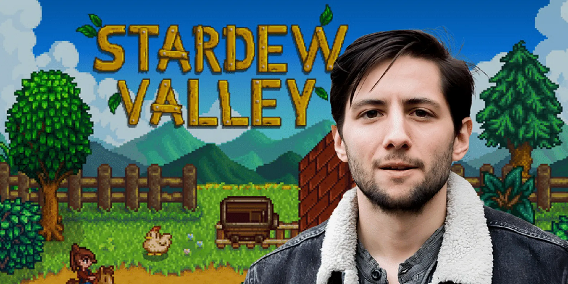 Ерік Барон, творець Stardew Valley, на тлі ігрового ландшафту ферми