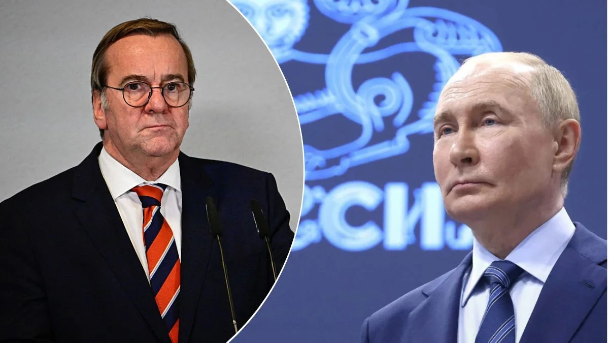Борис Пісторіус та Володимир Путін на тлі герба Росії