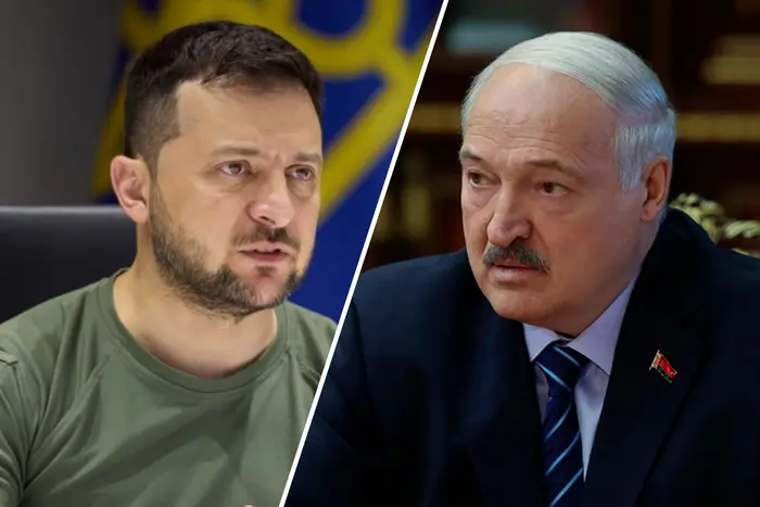 Володимир Зеленський та Олександр Лукашенко на тлі прапорів
