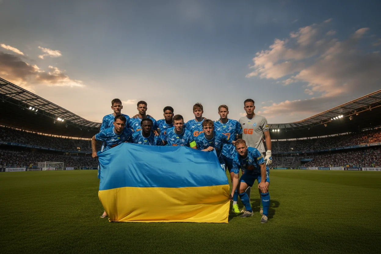 Футболісти Динамо з прапором України перед матчем Ліги Європи в Любліні