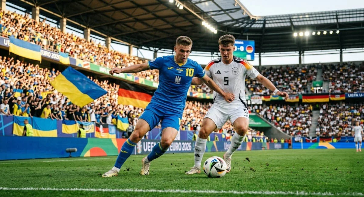 Гравець України U-19 номер 10 бореться за мяч з Німеччиною на Євро-2026