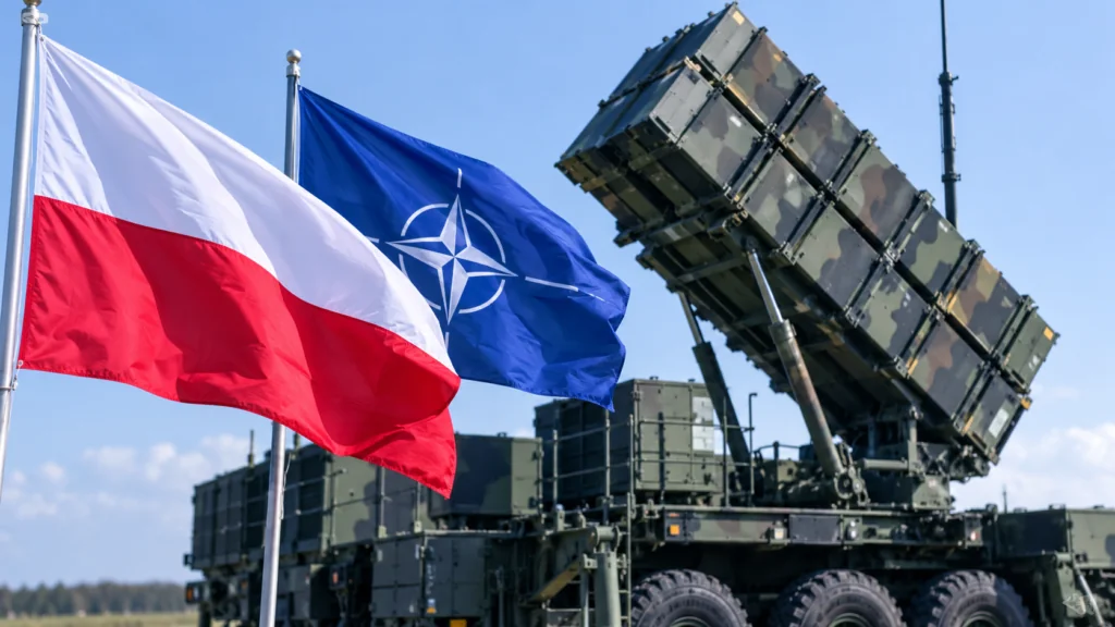 Прапори Польщі та НАТО біля пускової установки Patriot на полі
