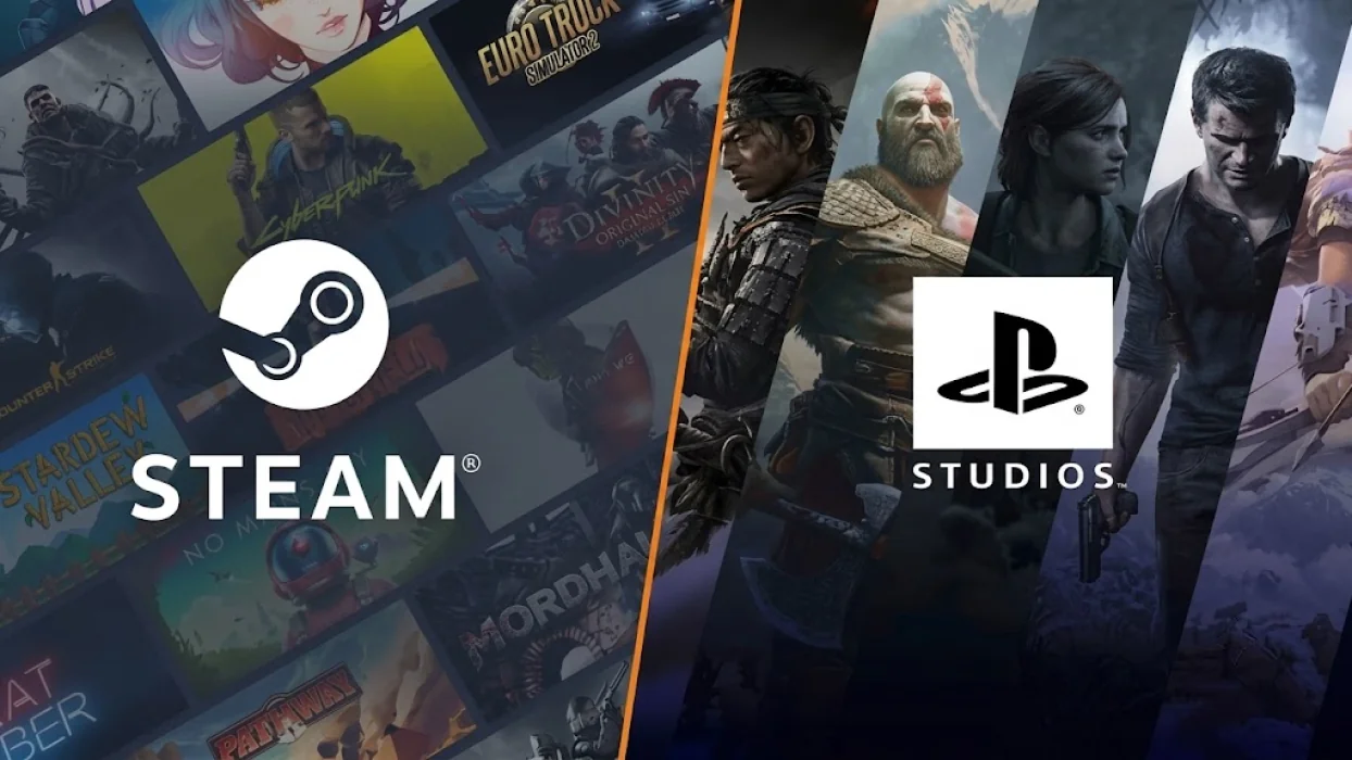 Steam та PlayStation Studios: логотипи платформ на тлі ігор