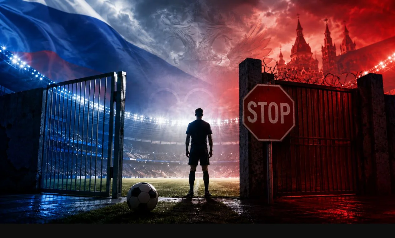 Футболист России перед воротами со знаком STOP на фоне стадиона и Кремля