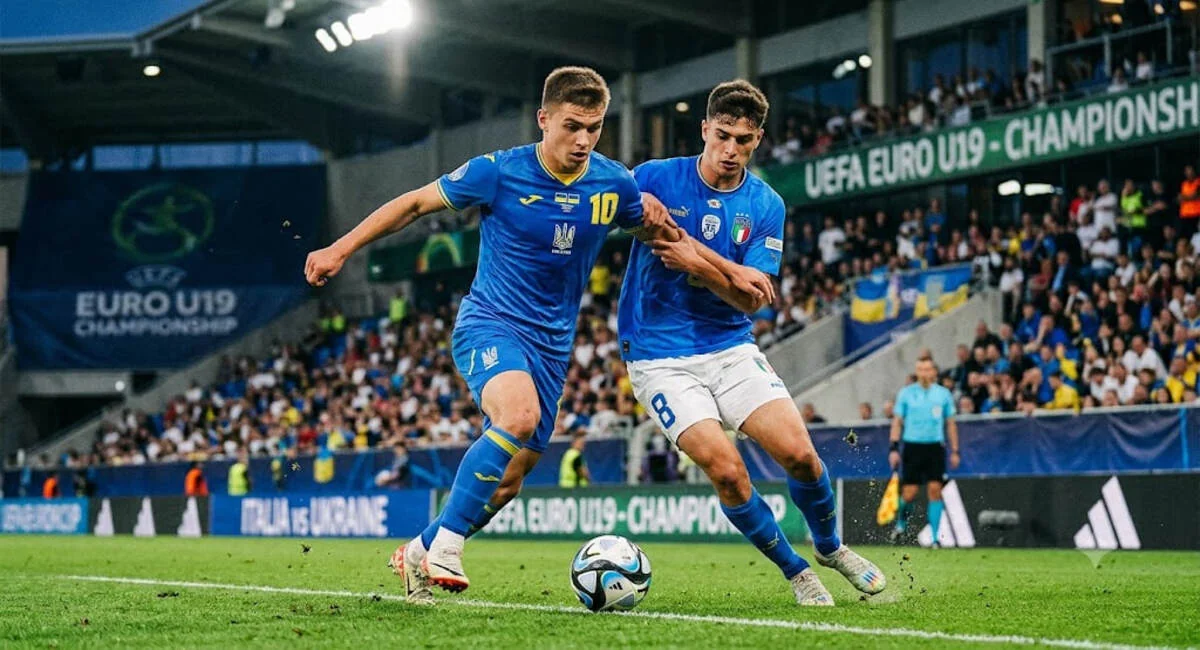 Игроки Украины U-19 и Италии U-19 борются за мяч на Евро-2026